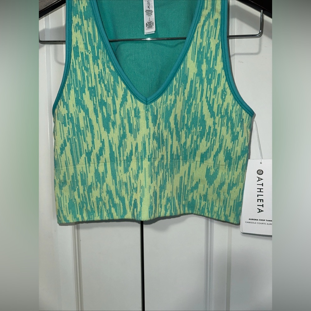 Athleta Marl Blue Green Aurora Cropped V-Neck Ribbed Athletic Tank Top S NWT - Picture 3 of 4